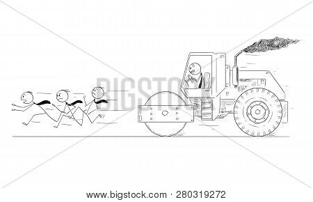 Cartoon Stick Drawing Conceptual Illustration Of Businessman Driving Road Roller And Chasing Slowly 