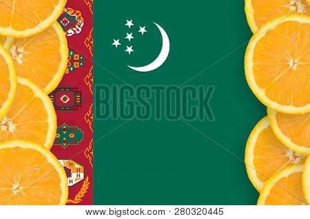 Turkmenistan Flag  In Citrus Fruit Slices Vertical Frame