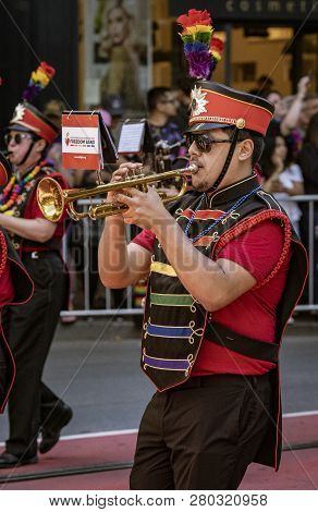San Francisco, California, June 24, 2018:  Gay Pride Parade - Lesbian Gay Band Marches