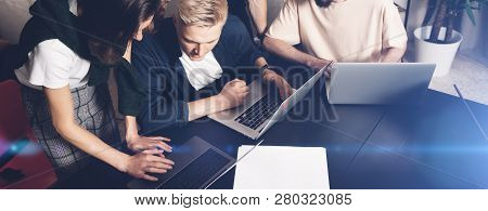 Coworkers Team At Work. Group Of Young Business People In Trendy Casual Wear Working Together In Cre