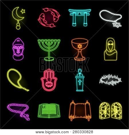 Religion And Belief Neon Icons In Set Collection For Design. Accessories, Prayer Vector Symbol Stock