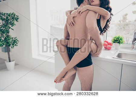 Cropped Back Rear Behind View Photo Two People Pair Foreplay She Her Lady Sit Furniture Legs He Him 