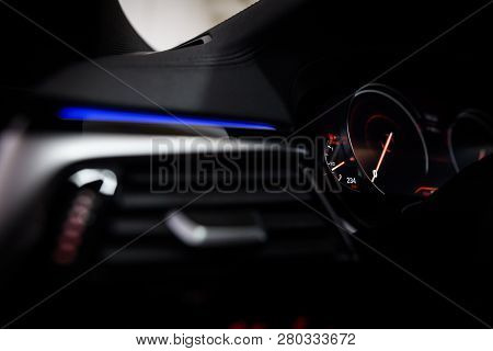 Close Up Shot With The Digital Speedometer Of A Car.