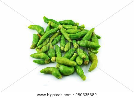 Thai Green Chilli Pepper Isolated On White Background - Other Names Small Chilli Padi Bird Eye Chili