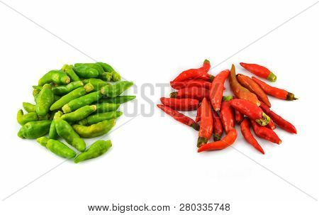 Thai Green And Red Chilli Pepper Isolated On White / Other Names Small Chilli Padi, Bird's Eye Chill