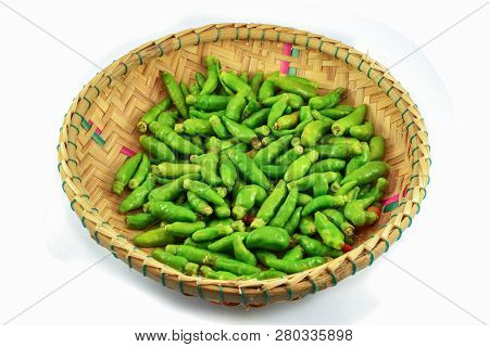 Thai Green Chilli Pepper On Basket Isolated On White Background - Other Names Small Chilli Padi Bird