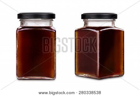 Square Jar Of Dark Honey With Black Cap Isolated On White Background, Various Phases And Views