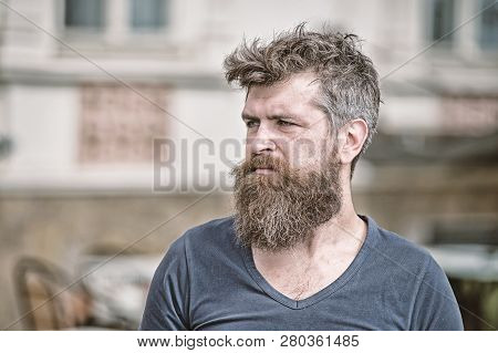 Sadness And Problems Concept. Man With Beard And Mustache Looks Not Fresh. Bearded Man On Strict Fac