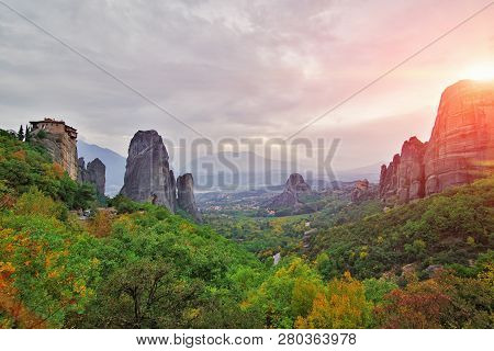 Monastery Meteora Greece. Stunning Summer Panoramic Landscape. View At Mountains And Green Forest Ag