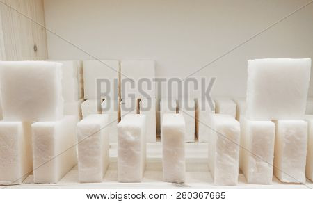 Bars Of Soap On A Shop Window. Pure Natural Soap With Cedar Oil And Herbal Ingredients. Handmade Nat