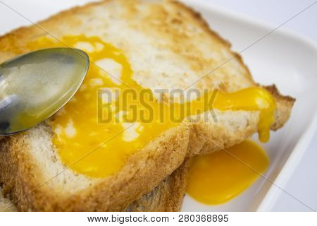 Sandwich With Poached Egg - Sliced  And Egg On Toasted Bread For Healthy Breakfast Or Snack, Copy Sp