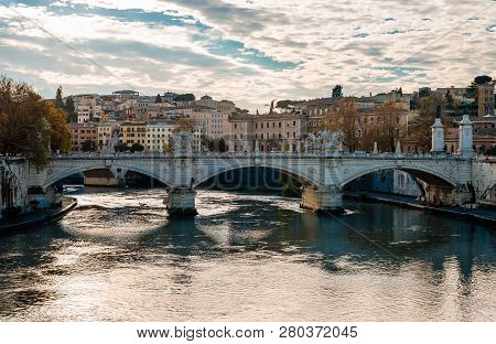 Rome / Italy - December 1 2018: Evening View Of Ponte Vittorio Emanuele Ii, A Three Arches Bridge Ac
