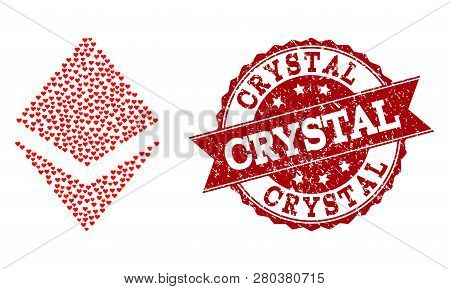 Collage Crystal Composed With Red Love Hearts, And Isolated Grunge Seal. Composition For Valentines 