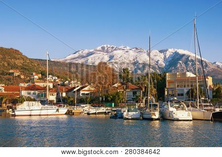 Picturesque Winter Mediterranean Landscape.  Montenegro, Bay Of Kotor. View Of Marina Kalimanj In Ti
