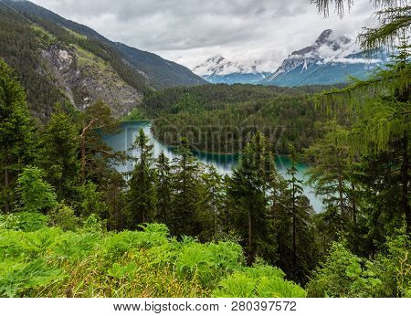 Blindsee Summer Landscape. Overcast Day. Fernpass, Austria, Zugspitze Mountain Behind.