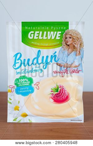 Pruszcz Gdanski, Poland - January 24, 2019: Gellwe Pudding Of Sour Cream Flavor. Bag Of Budyn With M