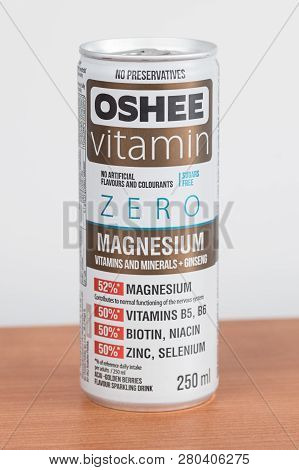 Pruszcz Gdanski, Poland - January 24, 2019: Can Of Oshee Zero Vitamin Drink. Oshee With Magnesium, V