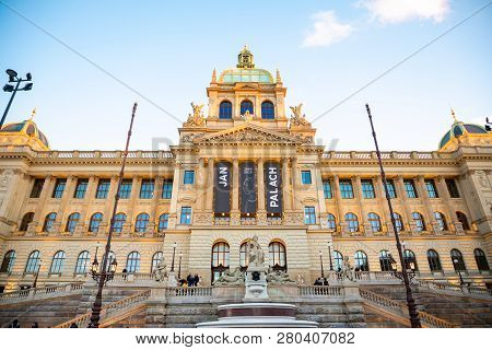 Prague, Czech Republic - 18.01.2019: Buildings Of Neorenaissance National Museum On Wenceslas Square