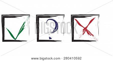 Blue Question, Red X And Green Tick Check Marks, Approval Signs Design. Red X And Green Ok Symbol Ic