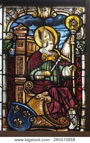 LUCERNE, SWITZERLAND - JUNE 24, 2018: Stained glass window in the church of St. Leodegar in Lucerne, Switzerland