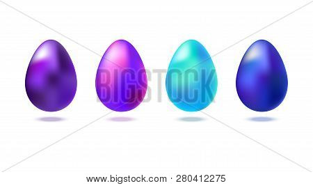 Set Of Eggs With Shadow For Easter Day Greeting Design. Realistic Metallic Shine Eggs. Collection Fo