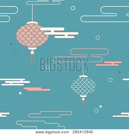 Vector Icon In Oriental Flat Style. Japanese, Chinese Lanterns And Clouds Elements.