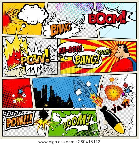 Comics Template.  Retro Comic Book Speech Bubbles Illustration. Mock-up of Comic Book Page with place for Text, Speech Bubbls, Symbols, Colored Halftone Background and Superhero
