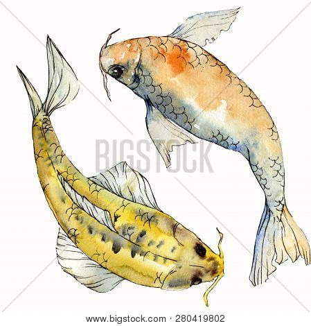 Watercolor Aquatic Underwater Colorful Tropical Fish Set. Red Sea And Exotic Fishes Inside: Goldfish