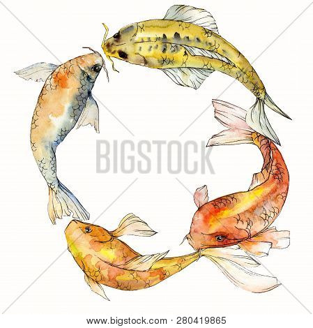 Watercolor Aquatic Underwater Tropical Fish Set. Red Sea And Exotic Fishes Inside: Goldfish. Frame B