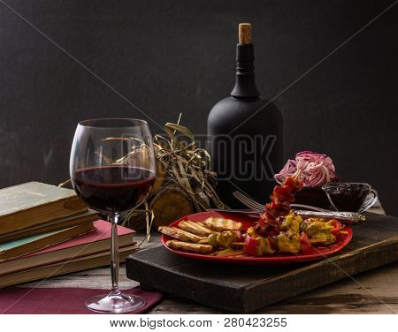 Traditional Dinner In A Country House. Meat With Vegetables And Bread. Hearty And Tasty Dish.menu Ba