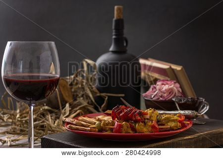 Traditional Dinner In A Country House. Meat With Vegetables And Bread. Hearty And Tasty Dish.menu Ba