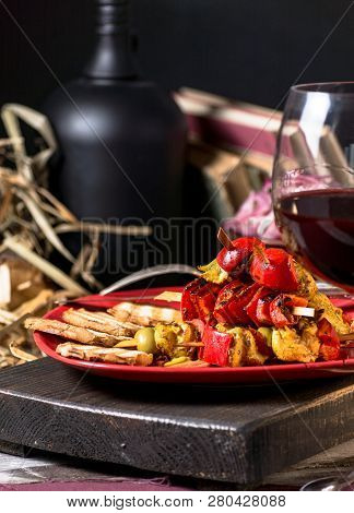 Traditional Dinner In A Country House. Meat With Vegetables And Bread. Hearty And Tasty Dish.menu Ba