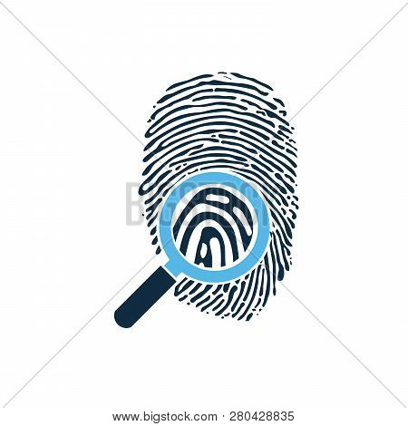 Black Fingerprint Through Magnifying Glass Vector Illustration. Criminalistics Research. Vector Illu