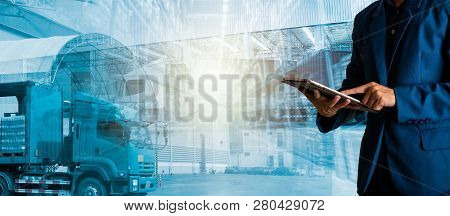 Businessman Manager Using Tablet Check And Control For Workers With Modern Trade Warehouse Logistics