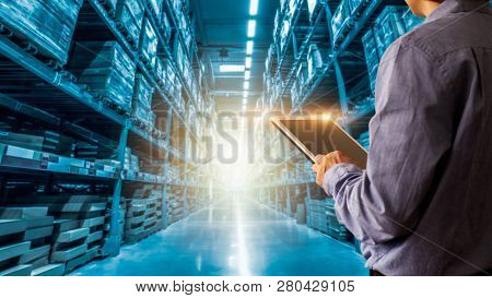 Businessman Manager Using Tablet Check And Control For Workers With Modern Trade Warehouse Logistics