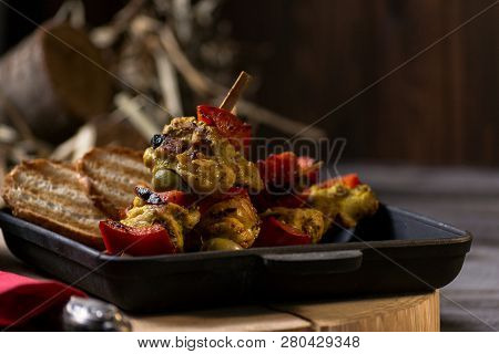 Fried Chicken And Vegetables In A Pan. Romantic Dinner In The Countryside House. Menu Background For