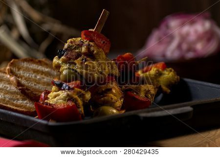 Fried Chicken And Vegetables In A Pan. Romantic Dinner In The Countryside House. Menu Background For