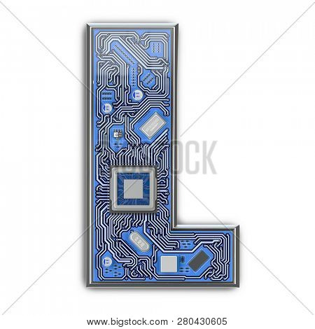 Letter L.  Alphabet in circuit board style. Digital hi-tech letter isolated on white. 3d illustration