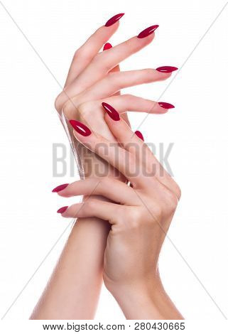 Bright Festive Red Manicure On Female Hands. Nails Design