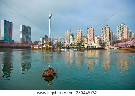SEOUL, SOUTH KOREA - APRIL 7, 2017: Lotte World amusement park Magic Island in Seokchon lake. Seoul, South Korea