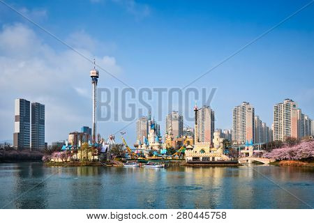 SEOUL, SOUTH KOREA - APRIL 7, 2017: Lotte World amusement park Magic Island in Seokchon lake. Seoul, South Korea