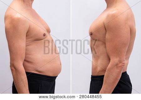 Side View Of A Mature Man Before And After Loosing Fat On White Background. Body Shape Was Altered D