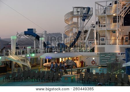 Ensenada, Mexico - Oct 25: Pool Deck On The Norwegian Bliss Cruise Ship, Docked In Ensenada, Mexico,
