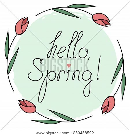 Hello Spring Illustration Pink Flower On Green Background