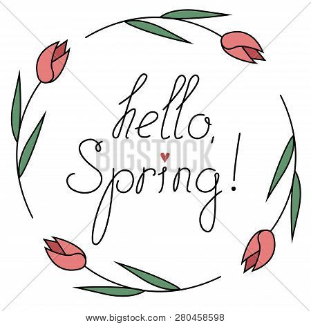 Hello Spring Illustration Pink Flower On Green Background
