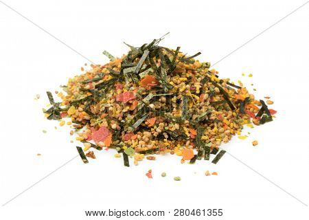 Heap of Japanese furikake, seasoning meant to be sprinkled on top of cooked rice isolated on white background
