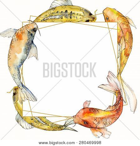 Watercolor Aquatic Underwater Tropical Fish Set. Red Sea And Exotic Fishes Inside: Goldfish. Frame B