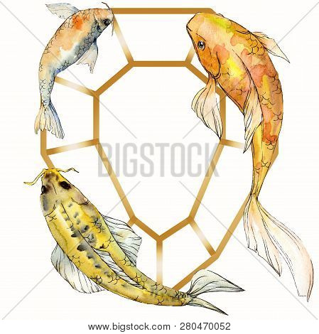 Watercolor Aquatic Underwater Tropical Fish Set. Red Sea And Exotic Fishes Inside: Goldfish. Frame B