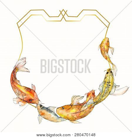 Watercolor Aquatic Underwater Tropical Fish Set. Red Sea And Exotic Fishes Inside: Goldfish. Frame B