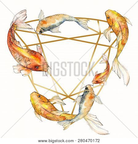 Watercolor Aquatic Underwater Tropical Fish Set. Red Sea And Exotic Fishes Inside: Goldfish. Frame B